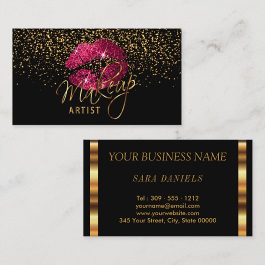 Makeup Artist - Gold Confetti & Hot Pink 💋 Lippen Visitenkarte (Vorne/Hinten)