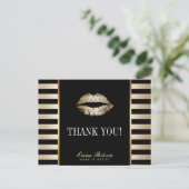 Makeup Artist Gold Lips Moderne Streifen Danke Postkarte (Stehend Vorderseite)