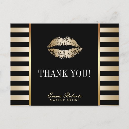 Makeup Artist Gold Lips Moderne Streifen Danke Postkarte (Vorderseite)