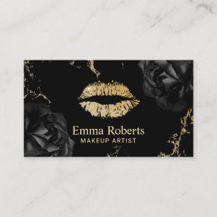 Makeup Artist Gold Lips Salon Trendy Black Floral Visitenkarte