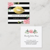 Makeup Artist Gold Lips Schwarz-weiße Streifen Quadratische Visitenkarte (Vorne/Hinten)