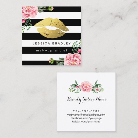Makeup Artist Gold Lips Schwarz-weiße Streifen Quadratische Visitenkarte (Vorne/Hinten)