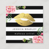 Makeup Artist Gold Lips Schwarz-weiße Streifen Quadratische Visitenkarte (Vorderseite)