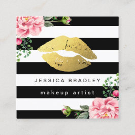 Makeup Artist Gold Lips Schwarz-weiße Streifen Quadratische Visitenkarte