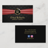 Makeup Artist Gold Monogram Red Ribbon Luxus Visitenkarte (Vorne/Hinten)