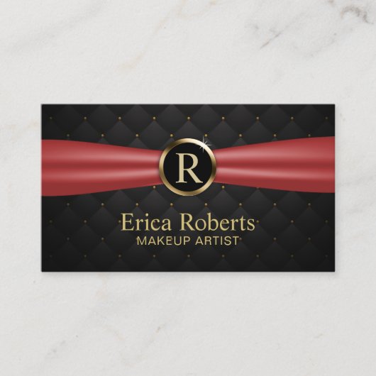 Makeup Artist Gold Monogram Red Ribbon Luxus Visitenkarte (Vorderseite)