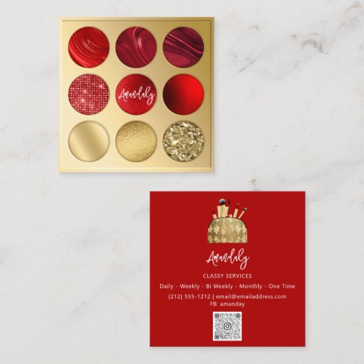 Makeup Artist Gold QRCode Logo Eyeshadow Red Quadratische Visitenkarte (Vorne/Hinten)
