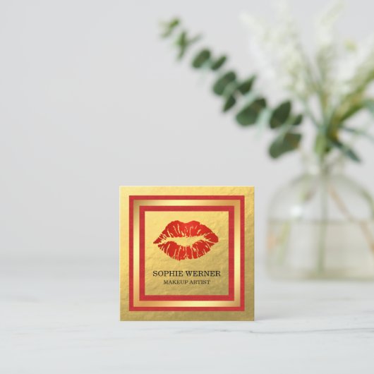 Makeup Artist Gold Rote Lippen Pinsel Quadratische Visitenkarte (Stehend Vorderseite)