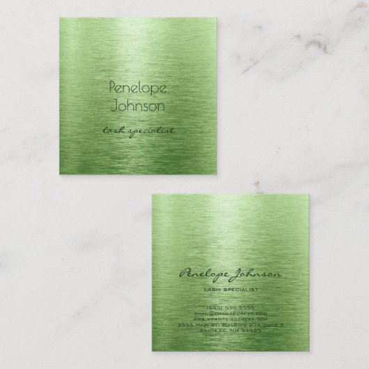 Makeup Artist Green Brushed Metal Glam Quadratische Visitenkarte (Vorne/Hinten)
