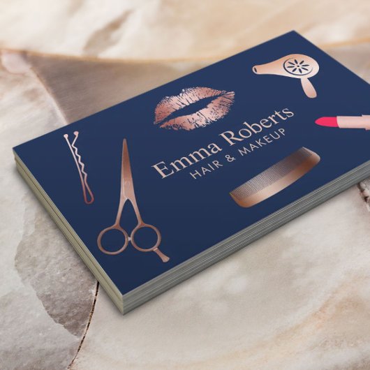 Makeup Artist Hair Salon Chic Rose Gold Navy Blue Visitenkarte