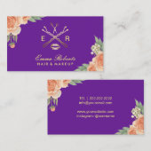 Makeup Artist Hair Salon Lila & Gold Floral Visitenkarte (Vorne/Hinten)