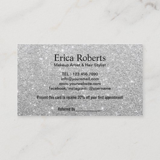 Makeup Artist Hair Salon Moderne Silver Referenz Empfehlungskarte (Rückseite)