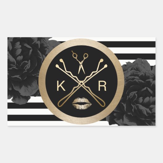 Makeup Artist Hair Stylist Black Floral Modern Rechteckiger Aufkleber (Vorderseite)