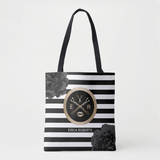 Makeup Artist Hair Stylist Black Floral Stripes Tasche (Vorderseite)