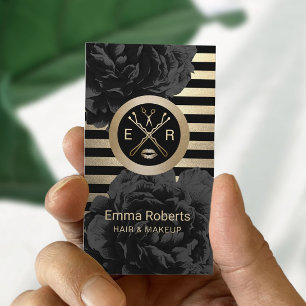 Makeup Artist Hair Stylist Black & Gold Floral Visitenkarte