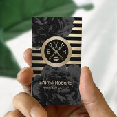 Makeup Artist Hair Stylist Black & Gold Floral Visitenkarte