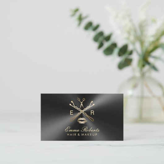 Makeup Artist Hair Stylist Black & Gold Metallic Visitenkarte (Stehend Vorderseite)