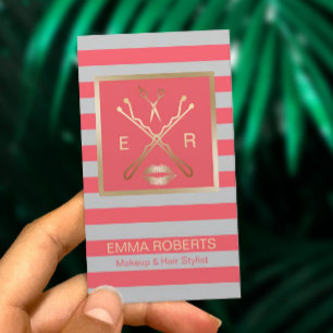 Makeup Artist Hair Stylist Coral & Grau Streifen Visitenkarte