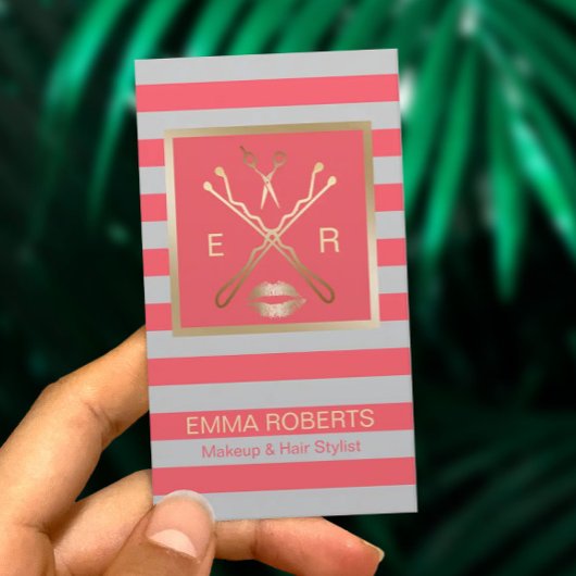 Makeup Artist Hair Stylist Coral & Grau Streifen Visitenkarte