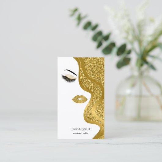 Makeup Artist Hair Stylist Gold Glitzer Business Visitenkarte (Stehend Vorderseite)