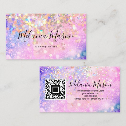 Makeup Artist Holographic Funkelnd Glitzer QR Code Visitenkarte (Vorne/Hinten)