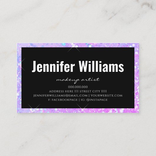 Makeup Artist Holographic Glitzer Script Lila Visitenkarte (Rückseite)