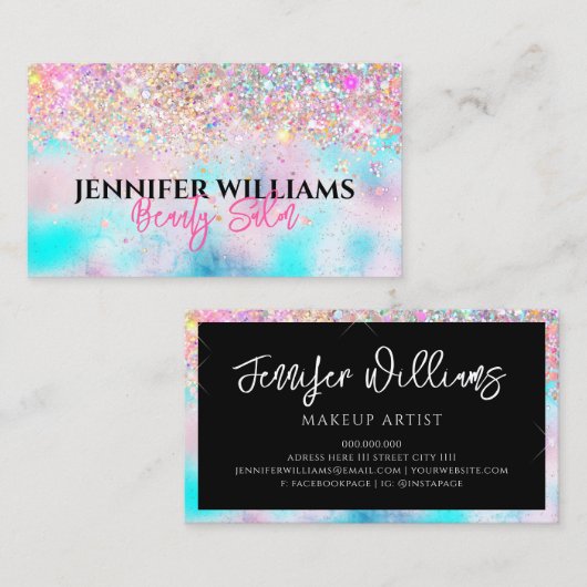 Makeup Artist Holographic Opal Glitzer Iridescent Visitenkarte (Vorne/Hinten)