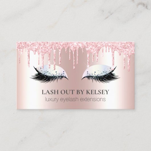 Makeup Artist Lashes Metallic Pink Glitzer Tropfen Visitenkarte (Vorderseite)