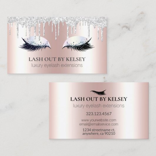 Makeup Artist Lashes Pink + Platinum Glitzer Tropf Visitenkarte (Vorne/Hinten)