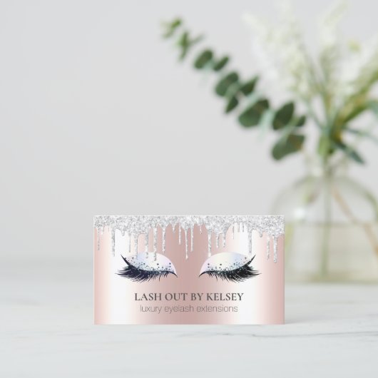 Makeup Artist Lashes Pink + Platinum Glitzer Tropf Visitenkarte (Stehend Vorderseite)