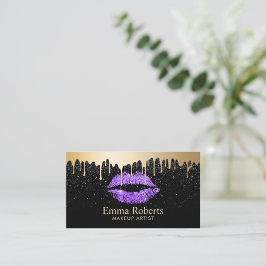 Makeup Artist Lila Lips Gold Tropfen Moderne Schwa Visitenkarte (Stehend Vorderseite)