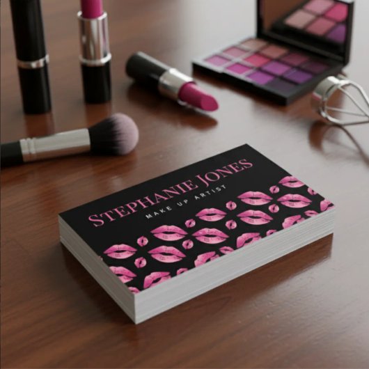 Makeup Artist Lips Pattern Cute Pink & Black Visitenkarte