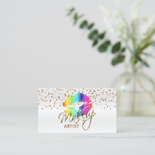 Makeup Artist mit Gold Confetti & Rainbow Lippen 2 Visitenkarte (Stehend Vorderseite)