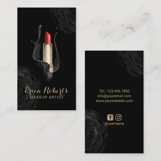Makeup Artist Modern Black Floral Red Lipstick Visitenkarte (Vorne/Hinten)