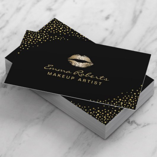 Makeup Artist Modern Gold Lips Chic Confetti Dots Visitenkarte