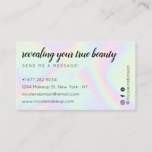 Makeup artist modern pastellfarben regenbogenholog visitenkarte (Rückseite)