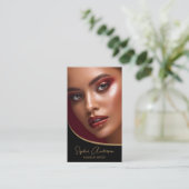 Makeup Artist Modernes Skript Schwarz und Gold Visitenkarte (Stehend Vorderseite)