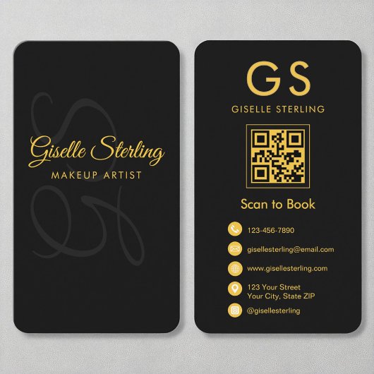 Makeup Artist Monogram Black Gold QR Code Beauty Visitenkarte