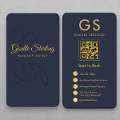 Makeup Artist Monogram Navy Blue Gold QR Code Visitenkarte