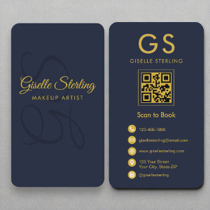 Makeup Artist Monogram Navy Blue Gold QR Code Visitenkarte