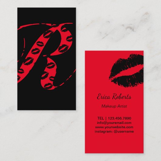 Makeup Artist Monogram Script Initial Black & Red Visitenkarte (Vorne/Hinten)