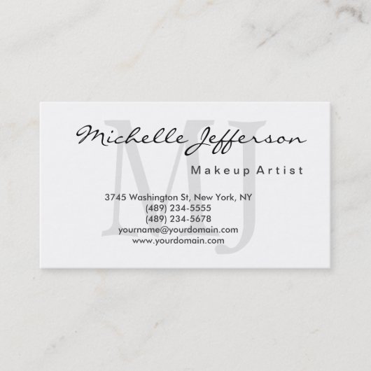 Makeup Artist Monogram Script White Business Card Visitenkarte (Vorderseite)