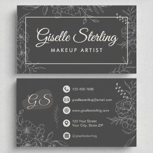 Makeup Artist Moody Charcoal Gray Floral Moderne Visitenkarte