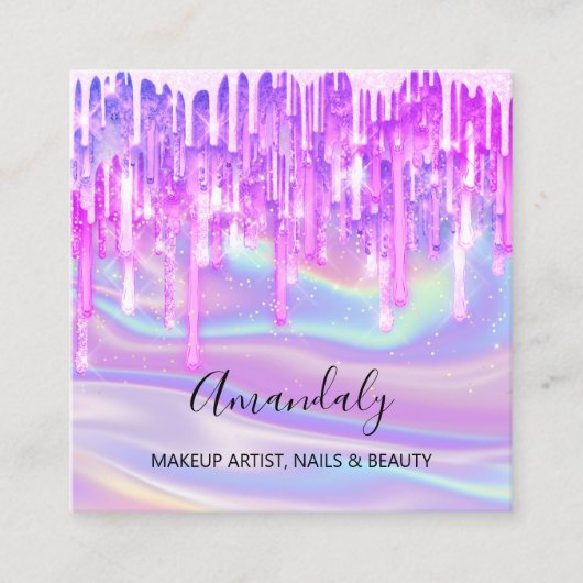 Makeup Artist Nail Logo Rosa Glitzer Holograph Blu Quadratische Visitenkarte (Vorderseite)