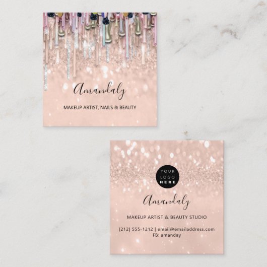 Makeup Artist Nails Glitzer Logo Rose Tropfen 3D Quadratische Visitenkarte (Vorne/Hinten)