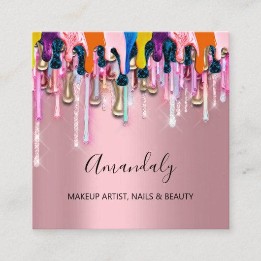 Makeup Artist Nails Glitzer Logo-Rose Tropfen Rosa Quadratische Visitenkarte (Vorderseite)