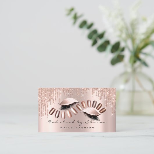 Makeup Artist Nails Glitzer Tropfen Rose Lash Lux Visitenkarte (Stehend Vorderseite)