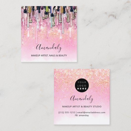 Makeup Artist Nails Logo Rose Glitzer Confetti Quadratische Visitenkarte (Vorne/Hinten)