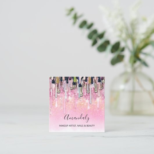 Makeup Artist Nails Logo Rose Glitzer Confetti Quadratische Visitenkarte (Stehend Vorderseite)