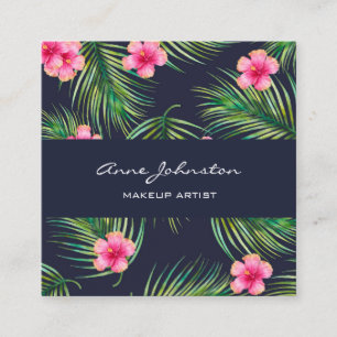 Makeup Artist Navy Green Fern Tropical Pink Blume Quadratische Visitenkarte